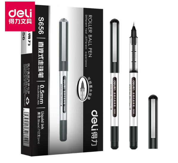 得力（deli）直液式走珠笔/写字笔 学生考试笔 办公中性笔 针管式 0.5mm s656 直液式 黑色12支