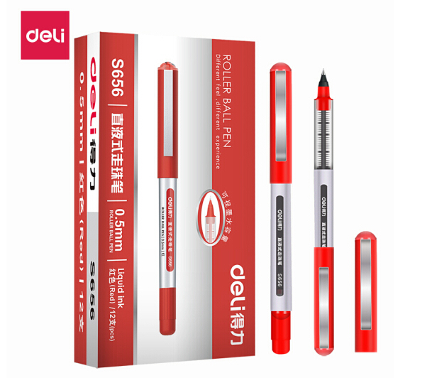 得力（deli）直液式走珠笔/写字笔 学生考试笔 办公中性笔 针管式 0.5mm s656 直液式 红色12支