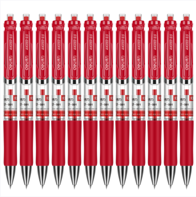 得力(deli)S01中性笔签字笔 0.5mm子弹头经典办公按动笔水笔 红色 12支/盒（计价单位：盒）